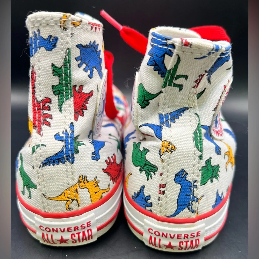 Converse- Dinosaur Print High-Top Sneakers with Red Laces, Youth‎ Size:3